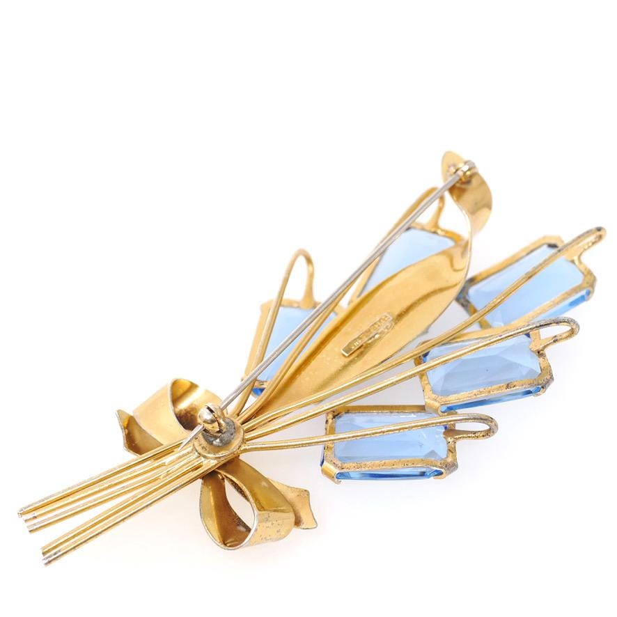 Vintage Bouquet Brooch - Retro Gold Wash On Sterling Silver Blue Glass Spray Pin - Circa 1940s Era Bow Leaf Motif Fashion Accessory Jewelry