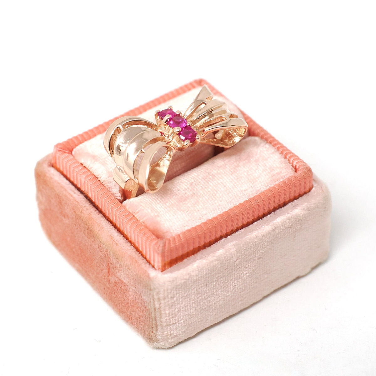 Vintage Bow Ring - Retro Era 14k Rose Gold Created Red Ruby Gemstone Trio - Circa 1940s Era Size 6 Ribbon July Birthstone Fine Jewelry