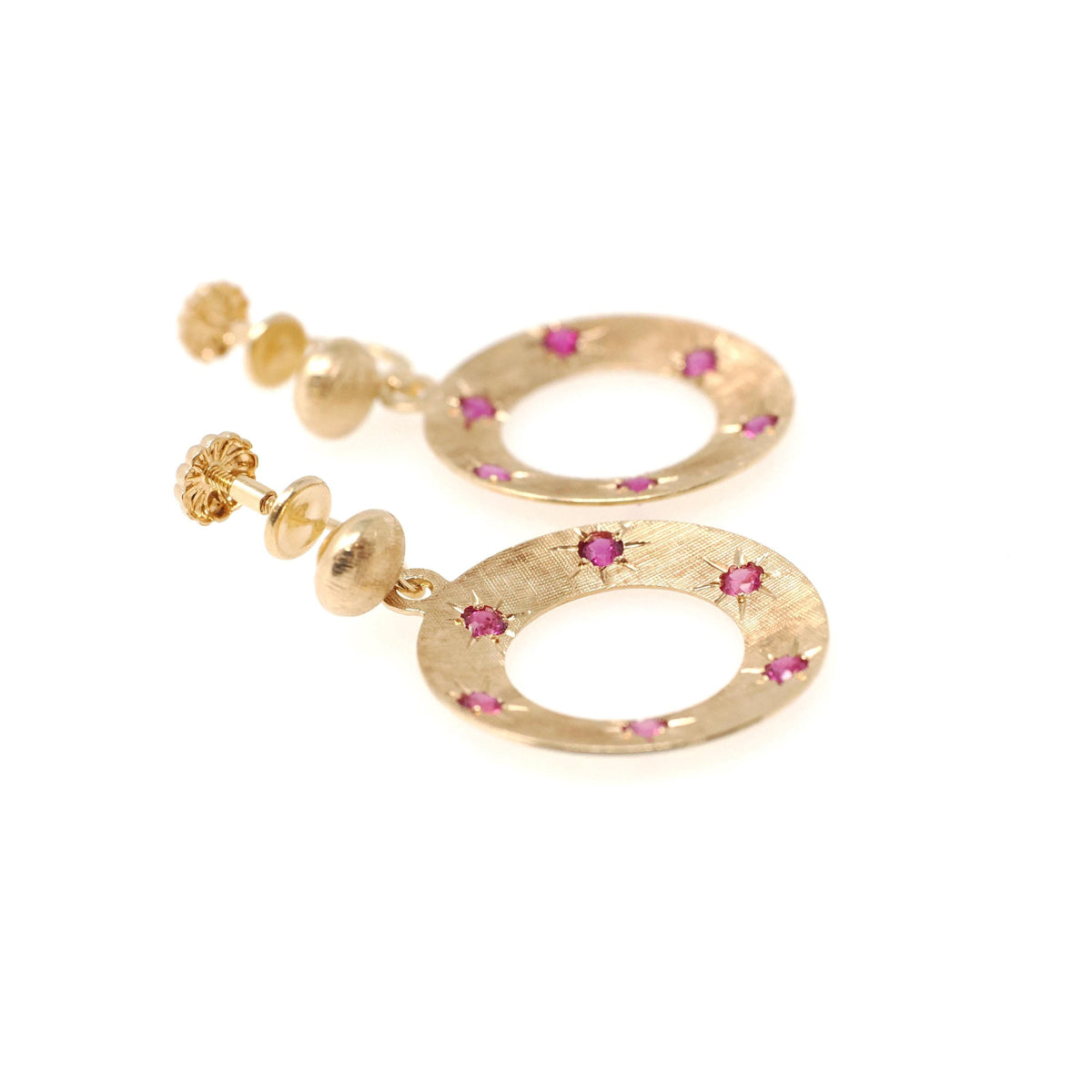 Screwback Ruby Earrings - Modernist 14k Yellow Gold .84 TW Natural Gems Open Circle Dangle Drops - Circa 1970s July Birthstone Fine Jewelry