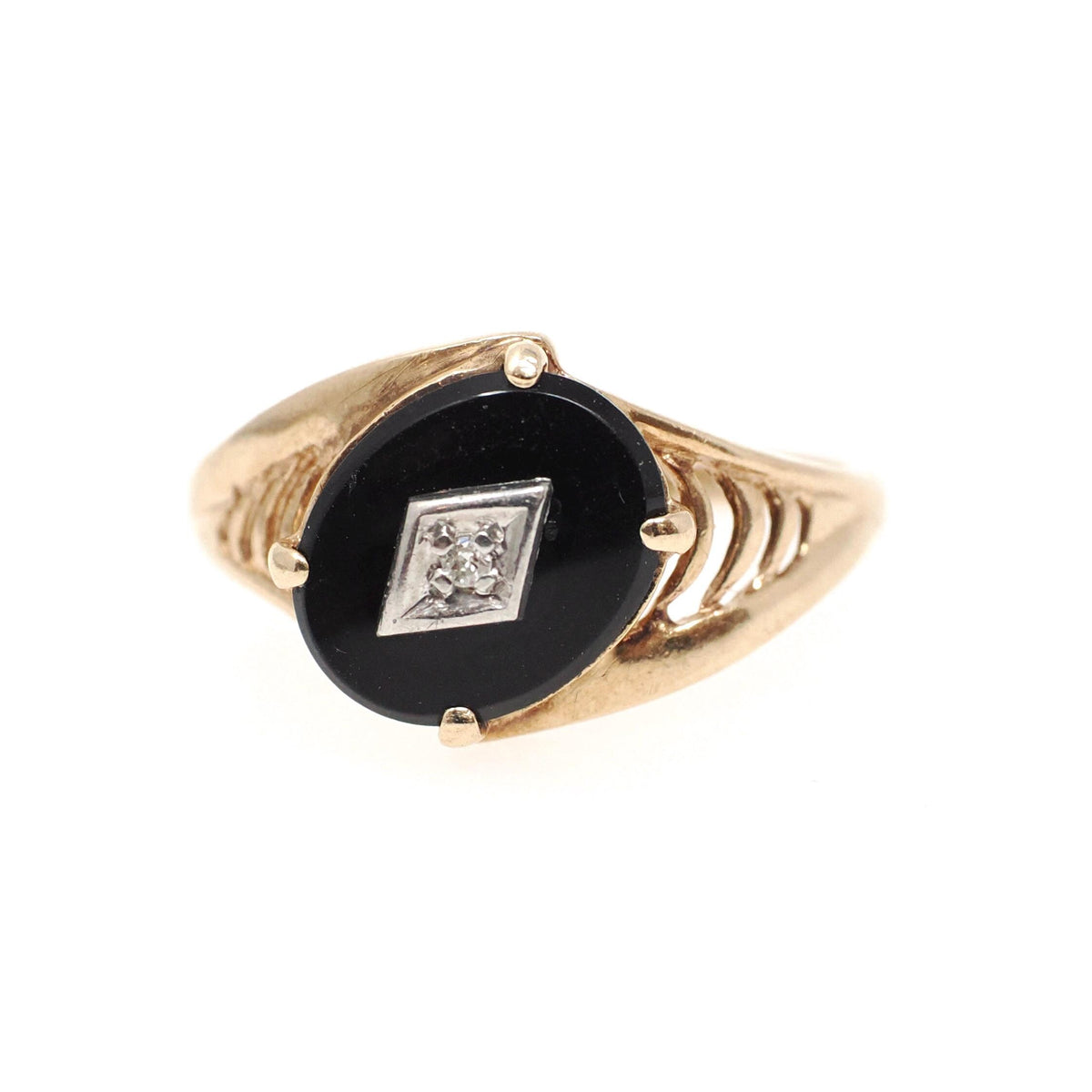 Vintage Onyx Ring - Retro 10k Yellow Gold Oval Black Chalcedony Gemstone - Circa 1940s Size 5 3/4 Natural .01 CT Diamond Bypass Fine Jewelry