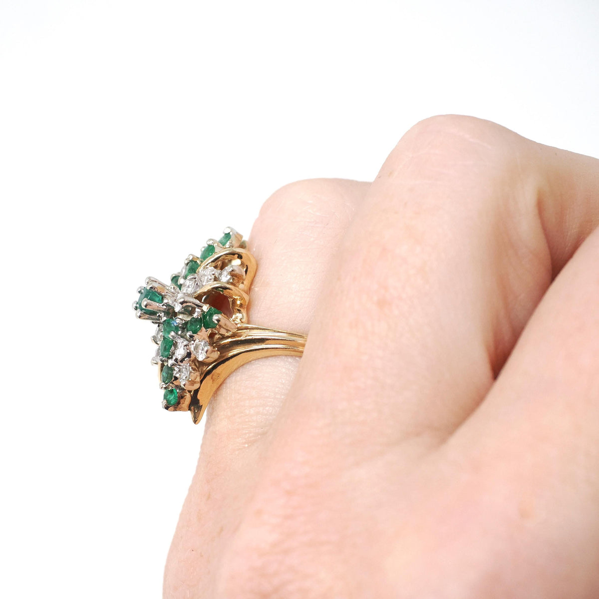 Emerald & Diamond Ring - Vintage 14k Yellow And White Gold Bypass Navette Shield - Bold Gold 1980s Era Size 5.25 May Birthstone Fine Jewelry