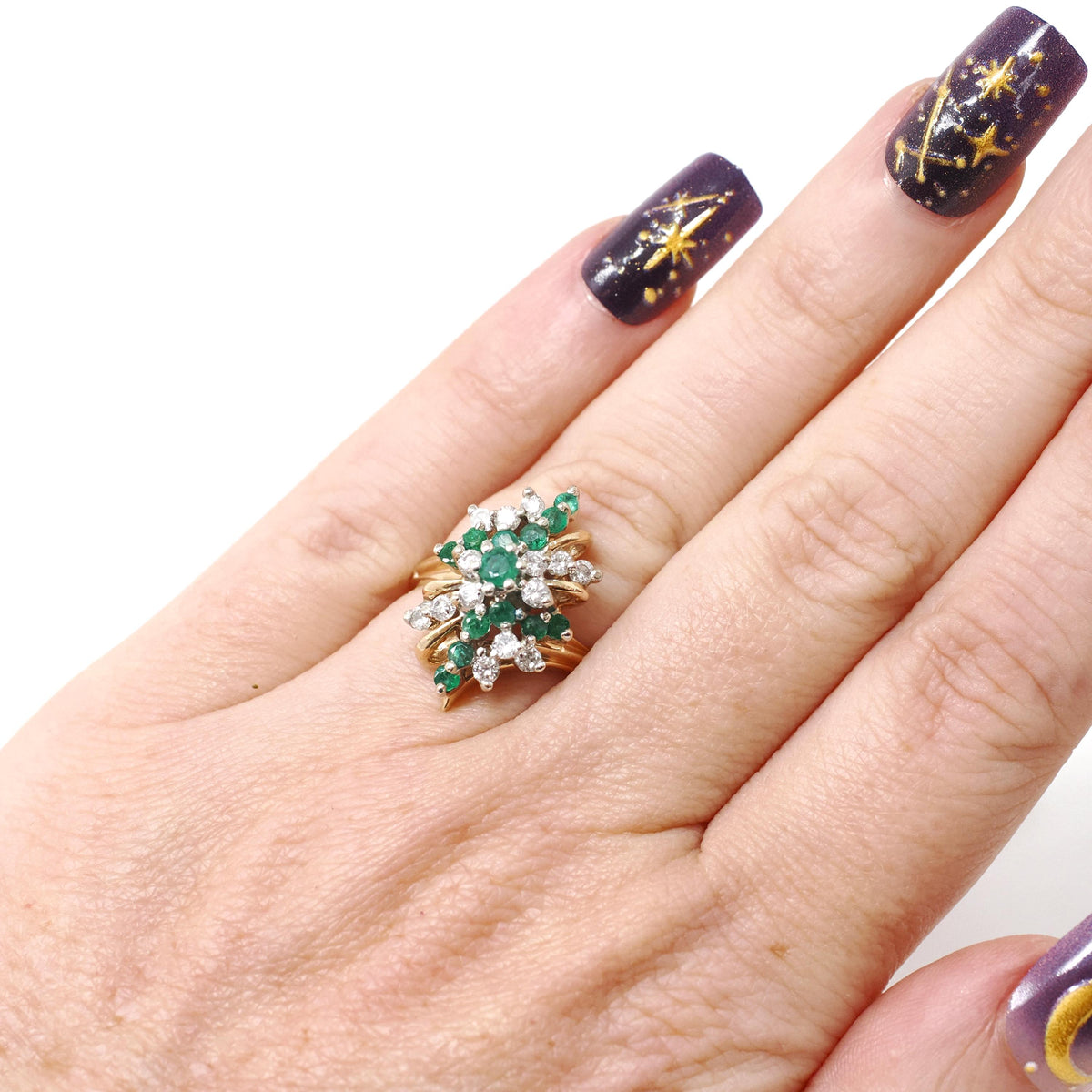 Emerald & Diamond Ring - Vintage 14k Yellow And White Gold Bypass Navette Shield - Bold Gold 1980s Era Size 5.25 May Birthstone Fine Jewelry