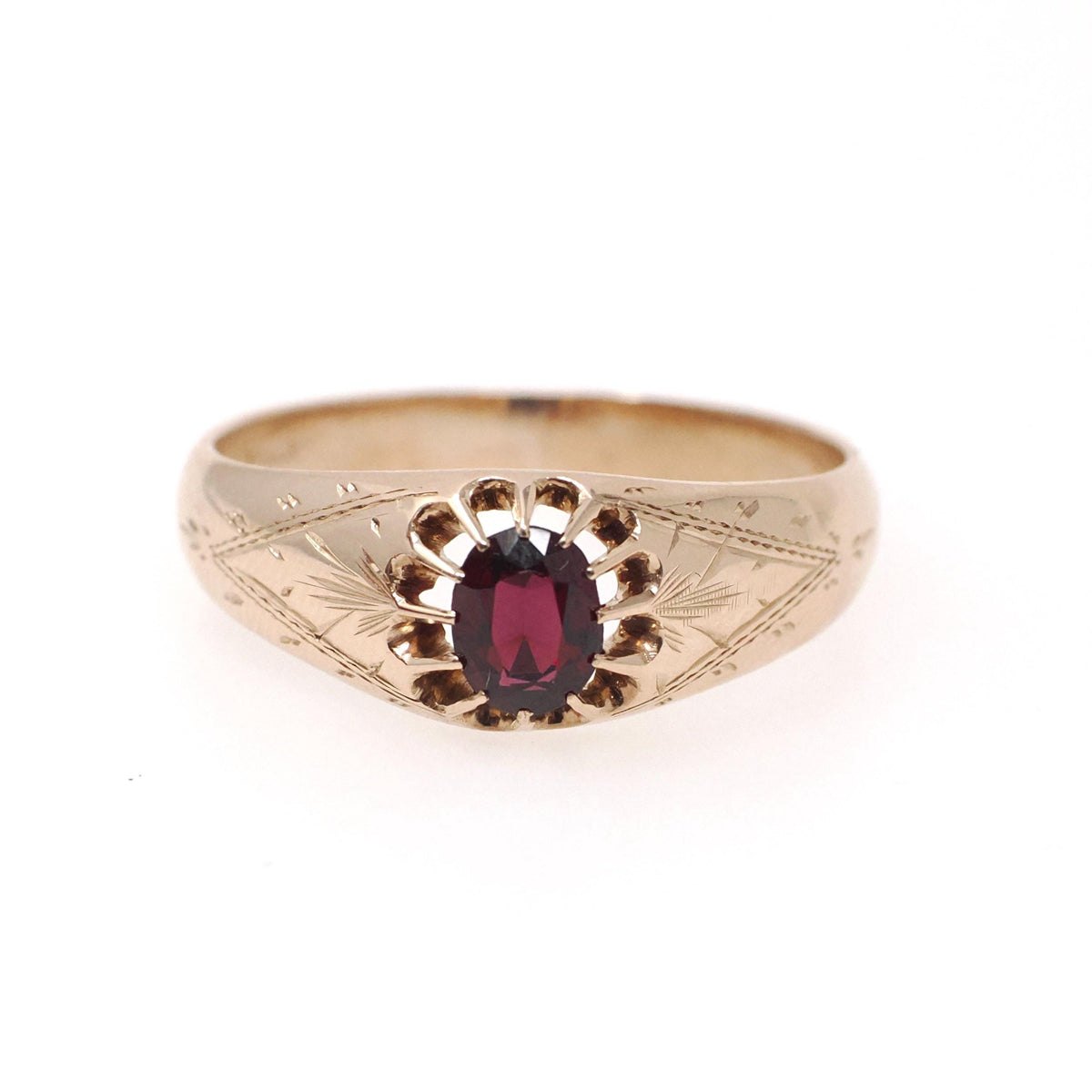 Edwardian Belcher Ring - Antique 8k Yellow Gold Red Garnet Gemstone - Circa 1900s Size 12 Solitaire Unisex Fine January Birthstone Jewelry