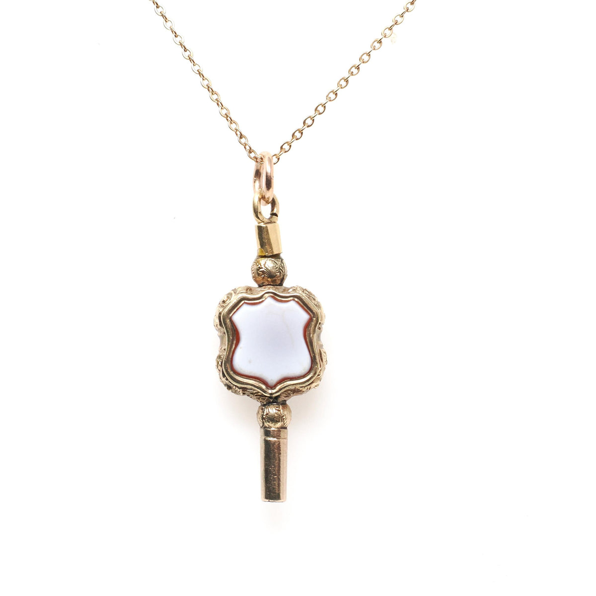 Antique Watch Key Fob - Victorian 9K Yellow Gold Sardonyx And Quartz Pendant Necklace - Circa 1890s Era Versatile Fine Statement Jewelry
