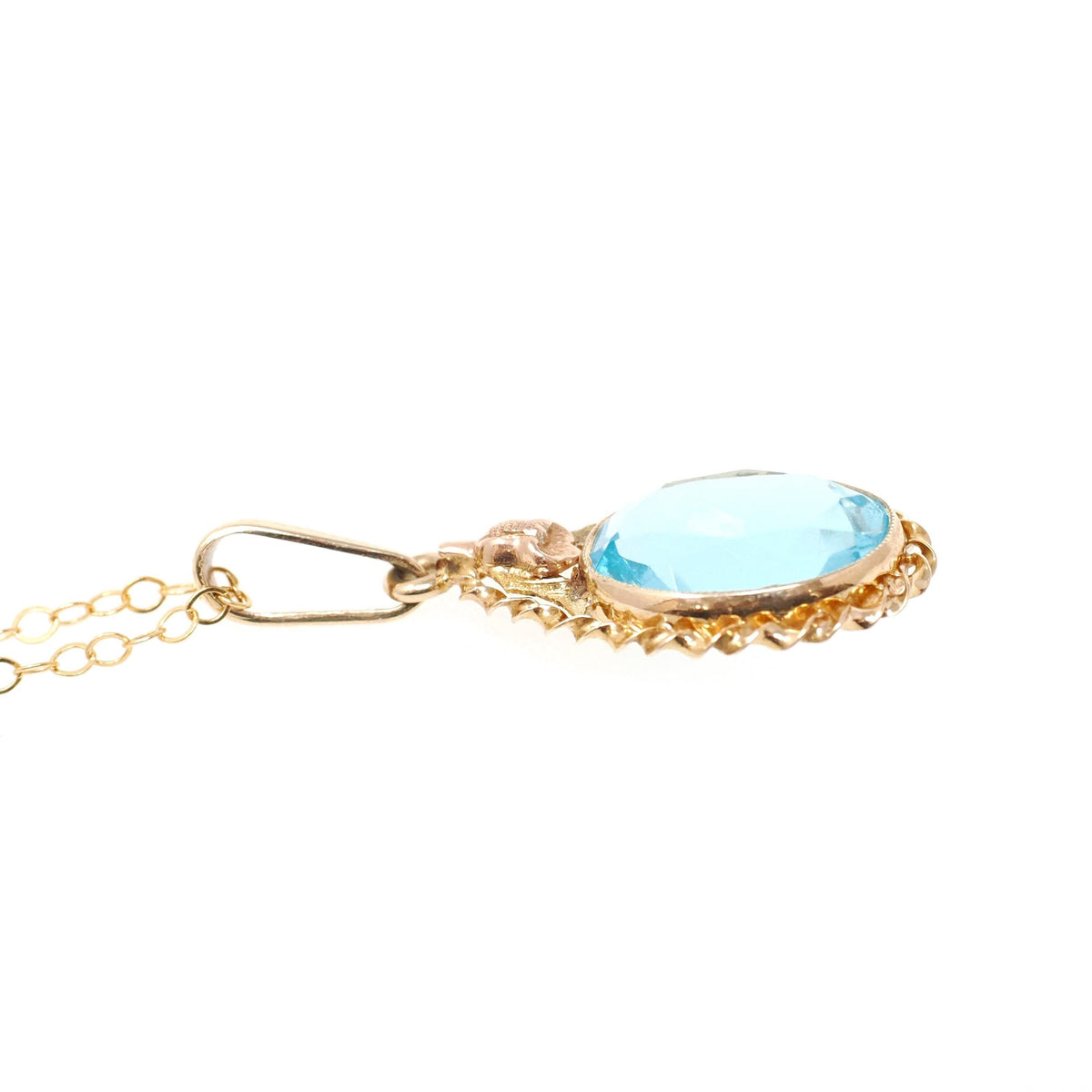 Simulated Aquamarine Necklace - Retro 10k Yellow Gold Oval Faceted Blue Glass Stone Pendant - Vintage Circa 1940s Era Fine Statement Jewelry
