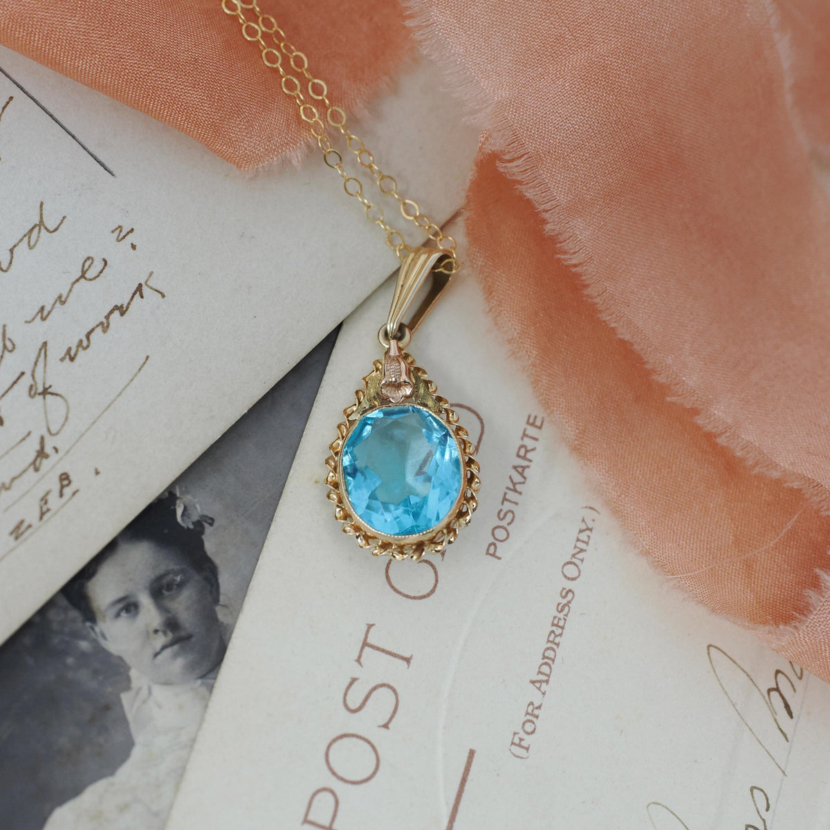 Simulated Aquamarine Necklace - Retro 10k Yellow Gold Oval Faceted Blue Glass Stone Pendant - Vintage Circa 1940s Era Fine Statement Jewelry