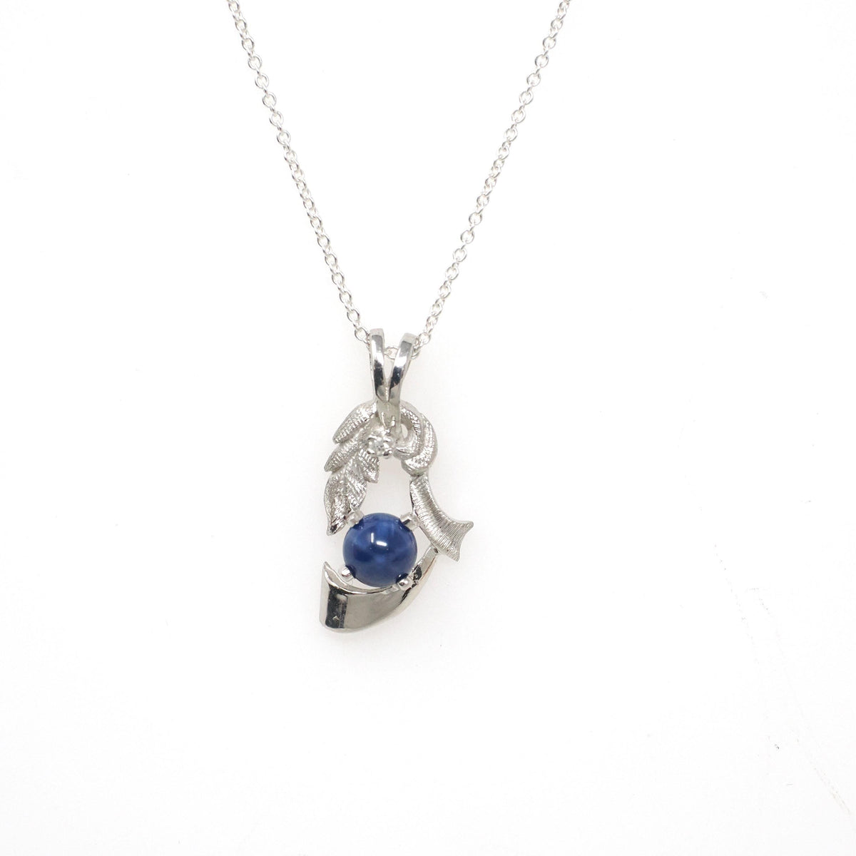 Created Star Sapphire Necklace - Modernist 14k White Gold Natural .01 CT Diamond Gem - Vintage Circa 1970s Era Pendant Charm Fine Jewelry