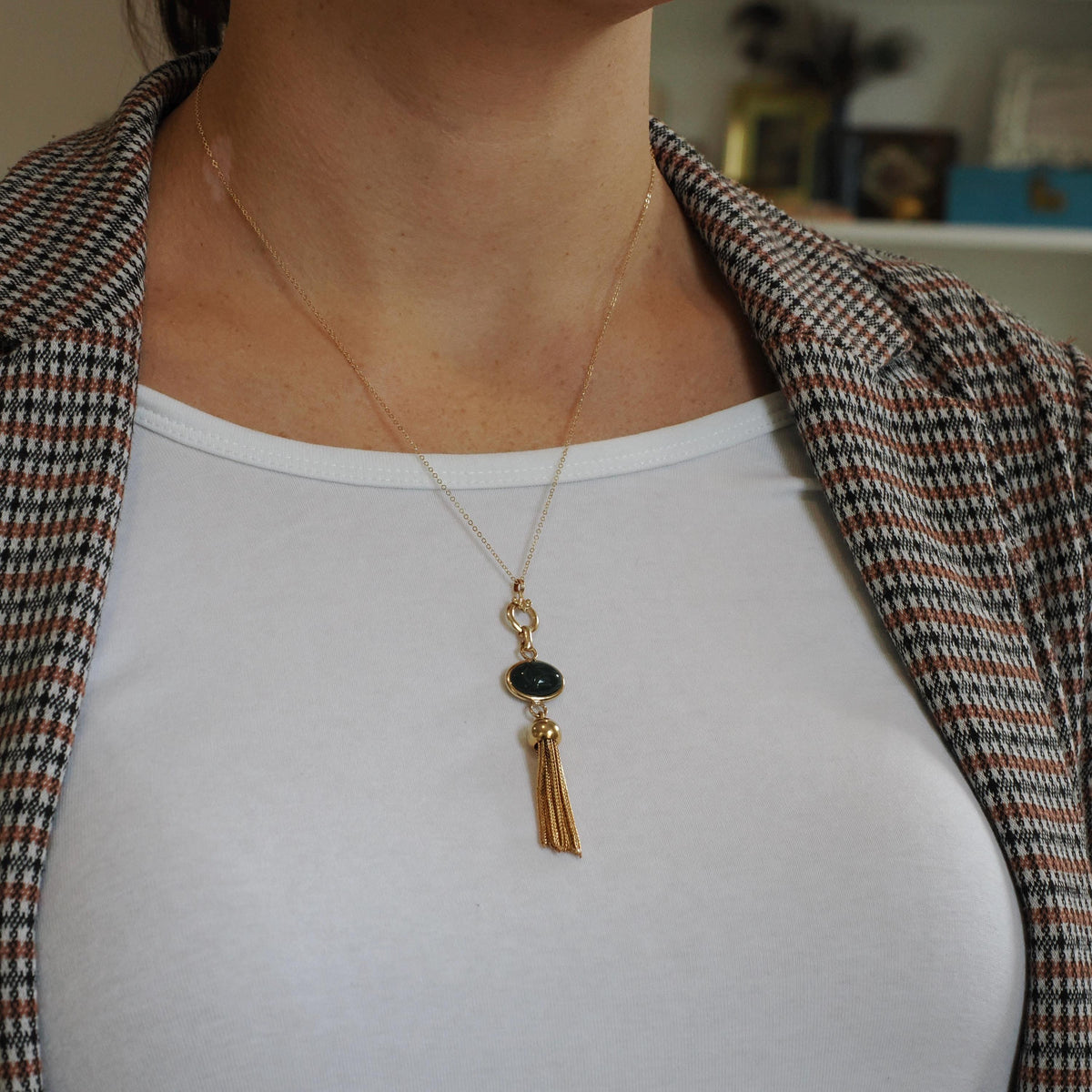 Scarab Jewelry Set - Modernist Gold Filled Tassel Pendant Necklace Earrings - Vintage Circa 1960s Era Converted Fashion Accessory Jewelry