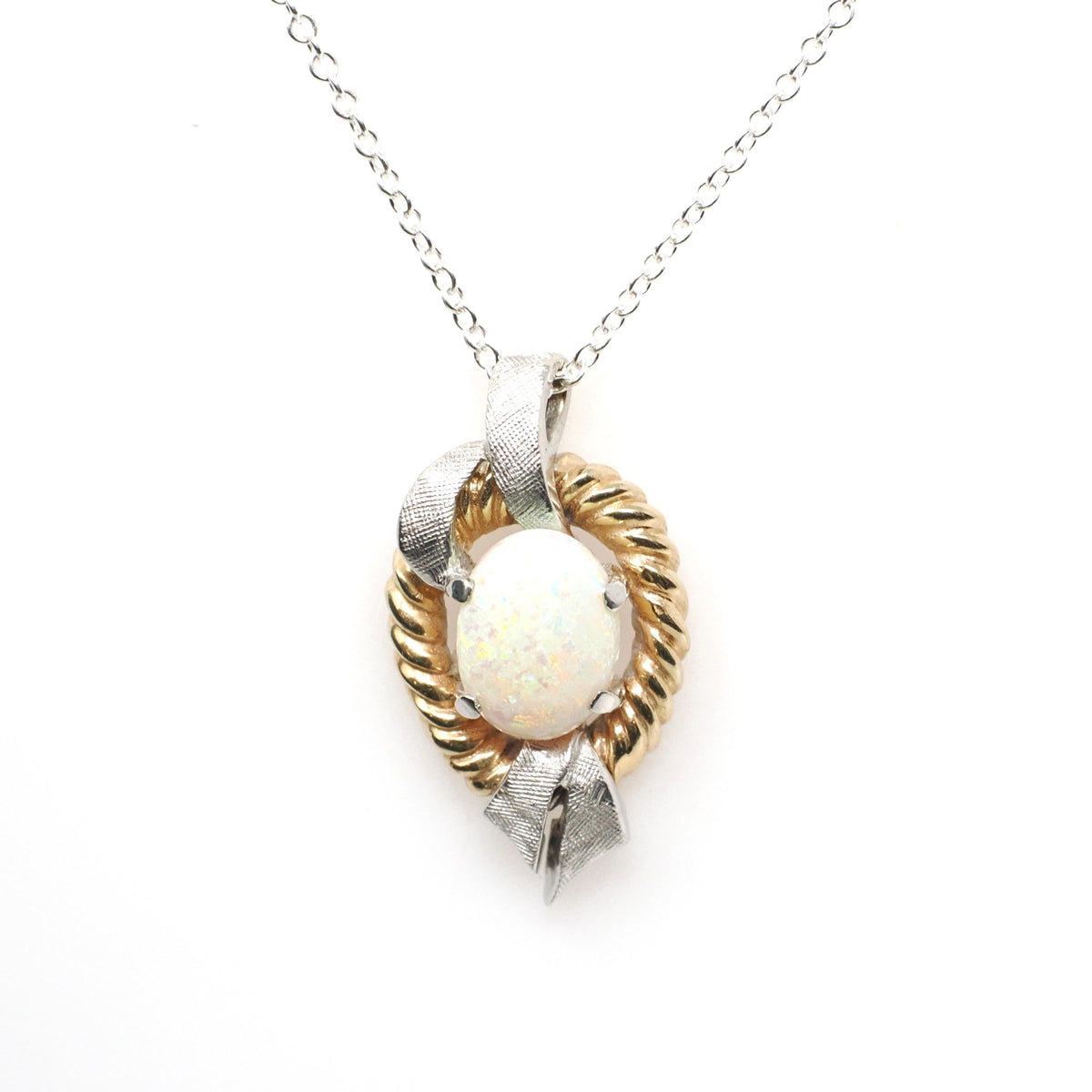 Vintage Opal Necklace - Modernist 14k Yellow And White Gold Cabochon Gemstone Pendant - Circa 1970s Era October Birthstone Fine Jewelry