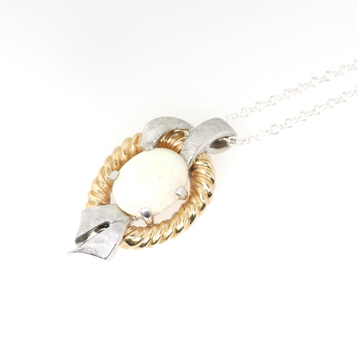 Vintage Opal Necklace - Modernist 14k Yellow And White Gold Cabochon Gemstone Pendant - Circa 1970s Era October Birthstone Fine Jewelry