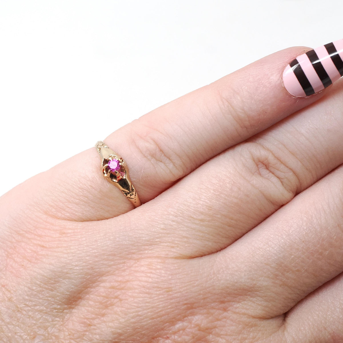 Antique Baby Ring - Edwardian 10k Yellow Gold Created Ruby Pinky Midi Band - Vintage Circa 1910s Size 3 Children's Fine Statement Jewelry