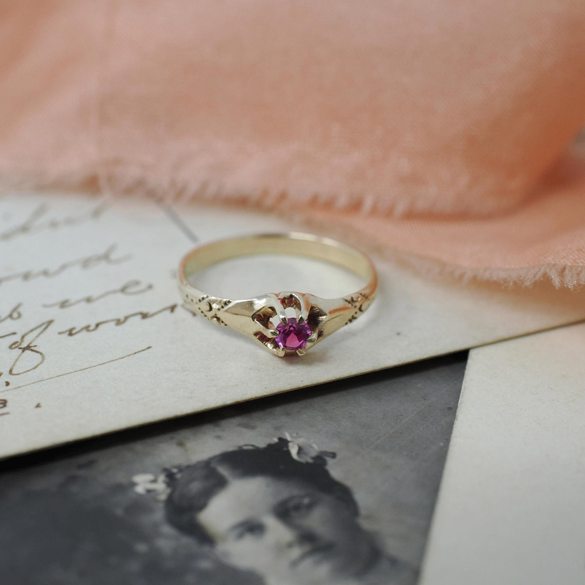 Antique Baby Ring - Edwardian 10k Yellow Gold Created Ruby Pinky Midi Band - Vintage Circa 1910s Size 3 Children's Fine Statement Jewelry