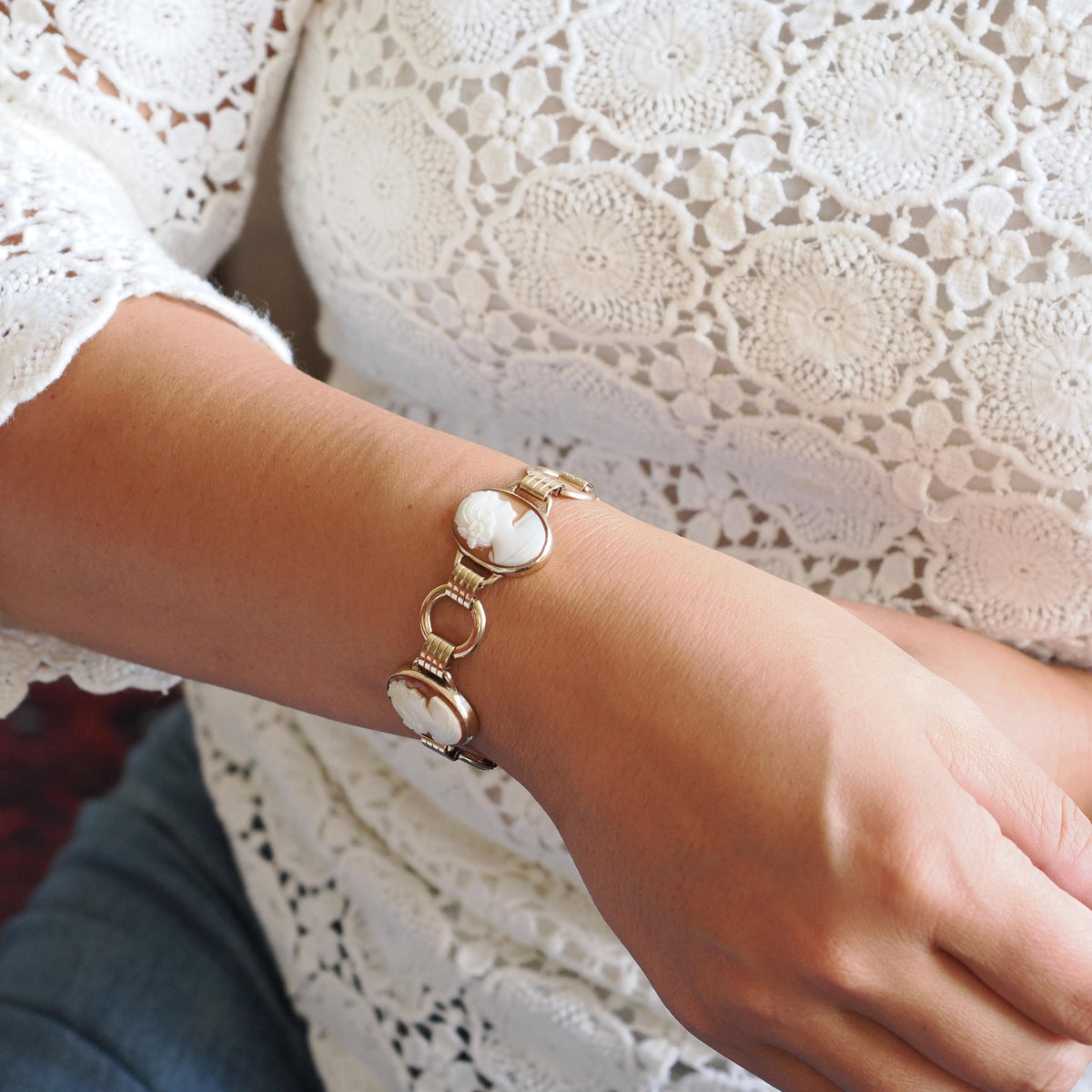 Vintage Cameo Bracelet - Mid Century 10k Gold Filled Oval Carved Shell Woman's Profile - Circa 1950s Latch Clasp Fashion Accessory Jewelry