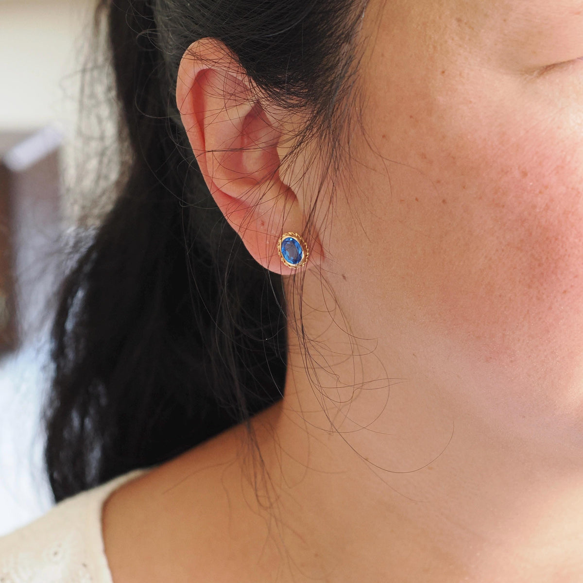Simulated Sapphire Earrings - Retro 14k Yellow Gold Oval Faceted Blue Glass Pierced Post Studs - Vintage 1960s Era Push Back Fine Jewelry