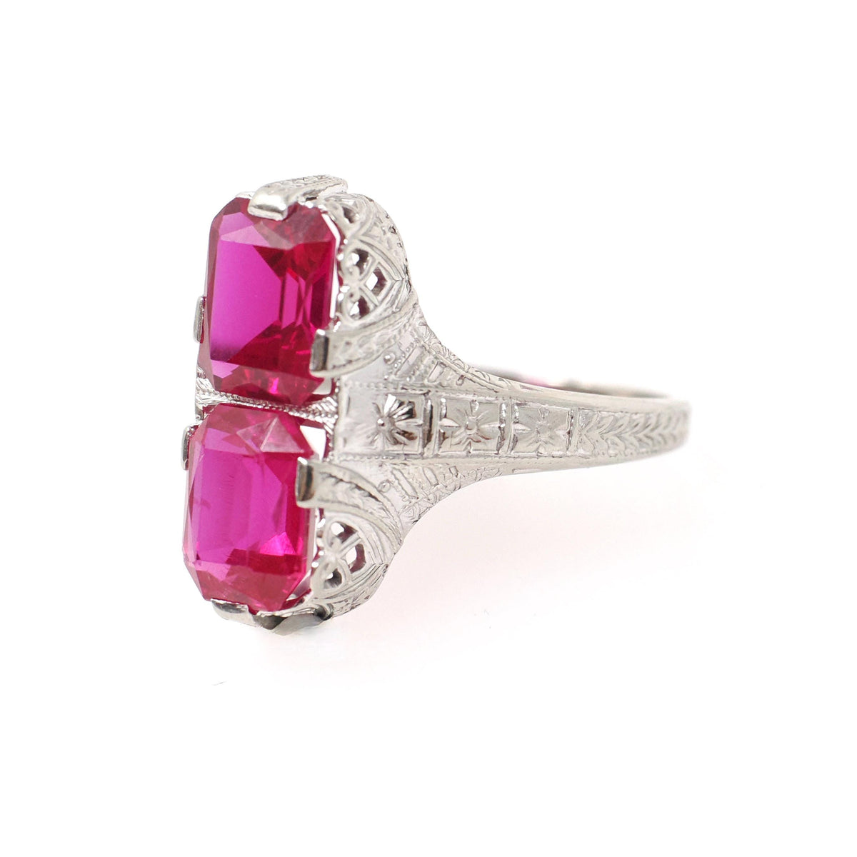 Created Ruby Filigree Ring - Art Deco 14k White Gold Hourglass Stacked Gemstones - Vintage 1930s Era Size 8 Heart Flower Wheat Fine Jewelry