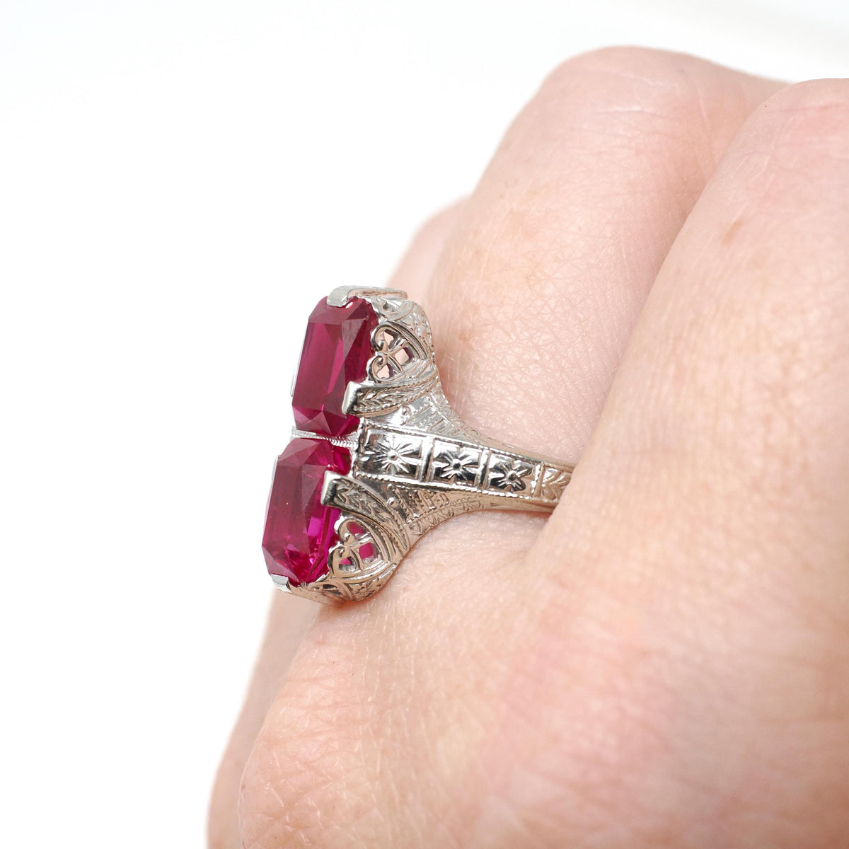 Created Ruby Filigree Ring - Art Deco 14k White Gold Hourglass Stacked Gemstones - Vintage 1930s Era Size 8 Heart Flower Wheat Fine Jewelry