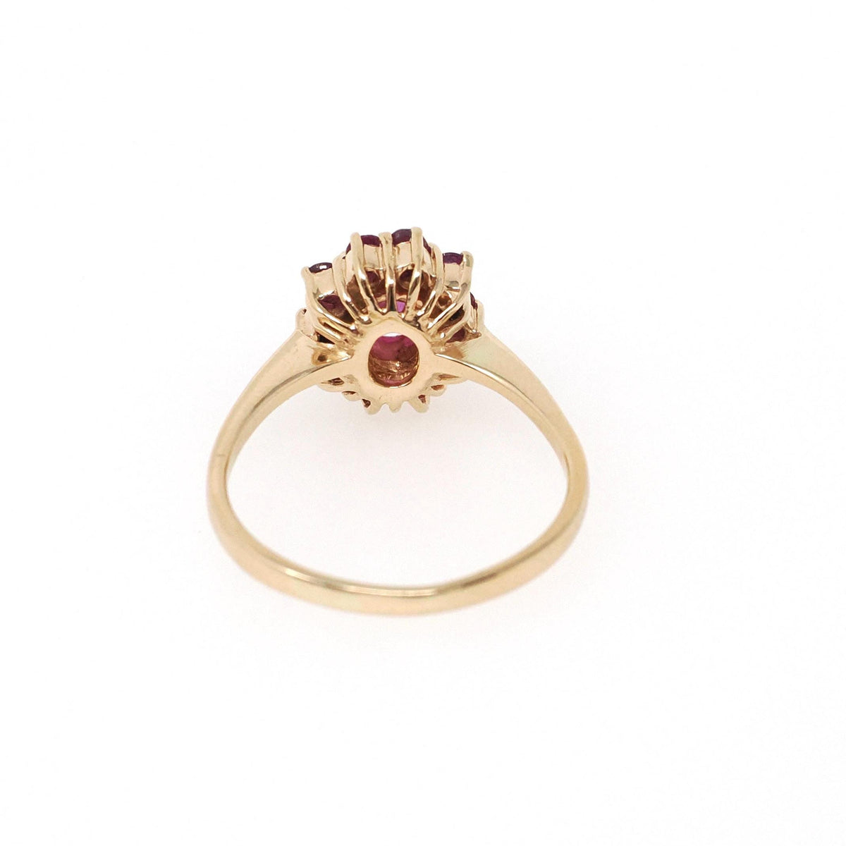 Ruby Halo Ring - Modern 14k Yellow Gold Natural Oval Red Corundum Gemstone Flower Cluster - Circa 1990s Size 5 1/4 Engagement Fine Jewelry