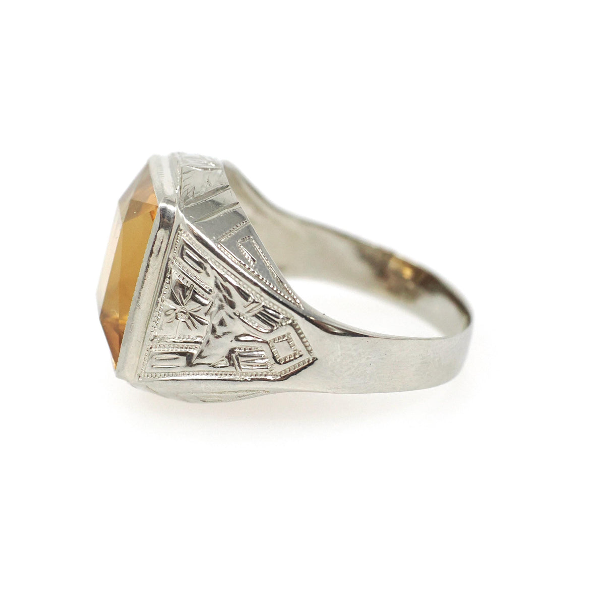 Natural Citrine Ring - Art Deco 10k White Gold Emerald Cut Yellow Gemstone - Vintage Circa 1930s Era Size 9 November Birthstone Fine Jewelry