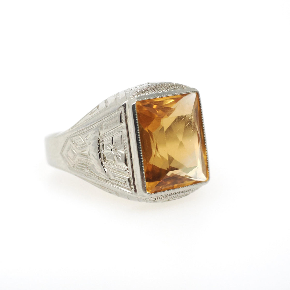 Natural Citrine Ring - Art Deco 10k White Gold Emerald Cut Yellow Gemstone - Vintage Circa 1930s Era Size 9 November Birthstone Fine Jewelry