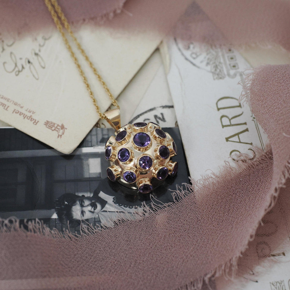 Vintage Sputnik Pendant - Modernist 14k Yellow Gold Half Dome Statement Necklace - Circa 1960s Era Natural Amethyst Gemstones Fine Jewelry