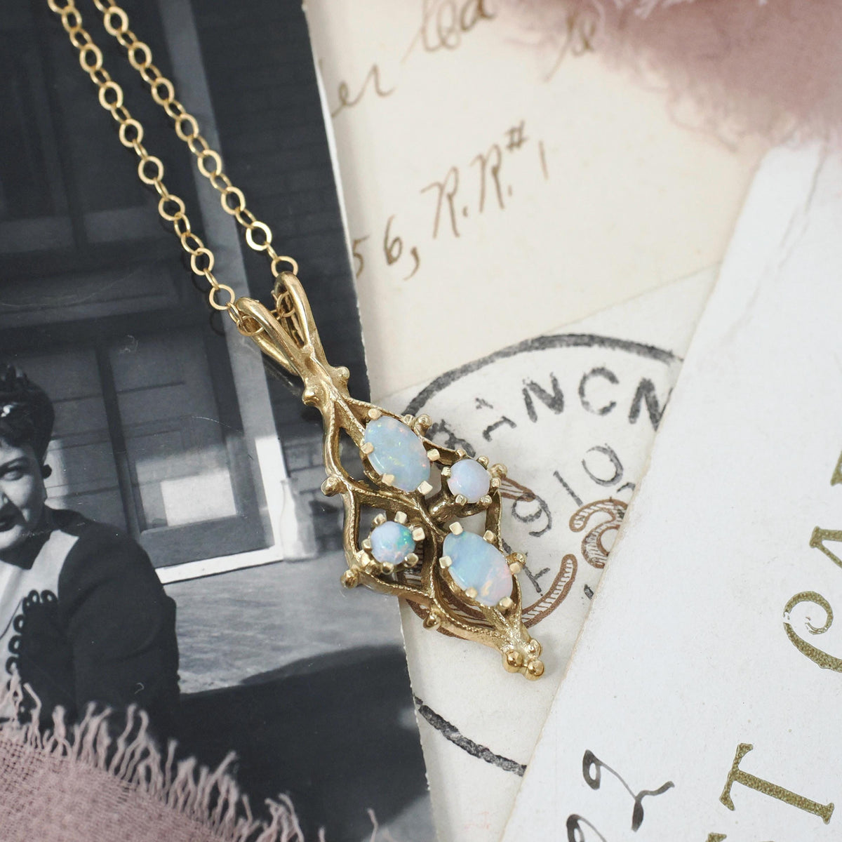 Vintage Opal Pendant - Modernist 14k Yellow Gold Cabochon Cut Gemstone Necklace - Vintage Circa 1970s Era October Birthstone Fine Jewelry