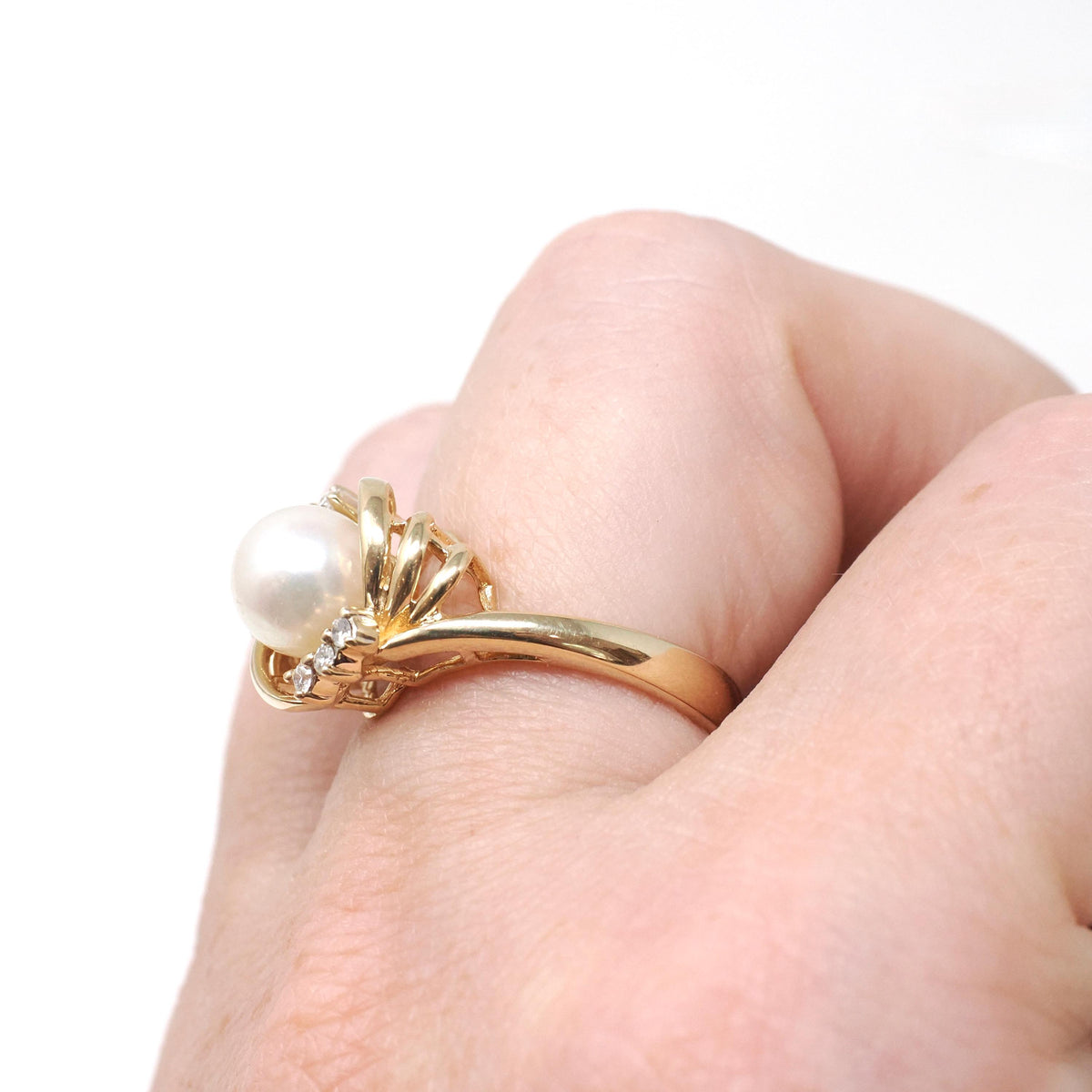 Cultured Pearl Ring - Contemporary 14k Yellow Gold White Organic Gem & Diamonds - Estate Circa 1990s Era Size 6 June Birthstone Fine Jewelry