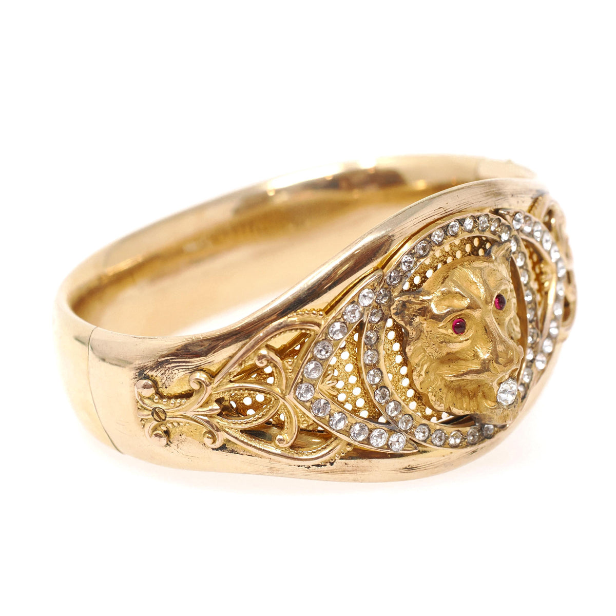 Edwardian Lion Bracelet - Antique Gold Filled Rhinestone and Red Glass Statement - Circa 1910s Era Rare 7 Inch Bangle Fashion Jewelry