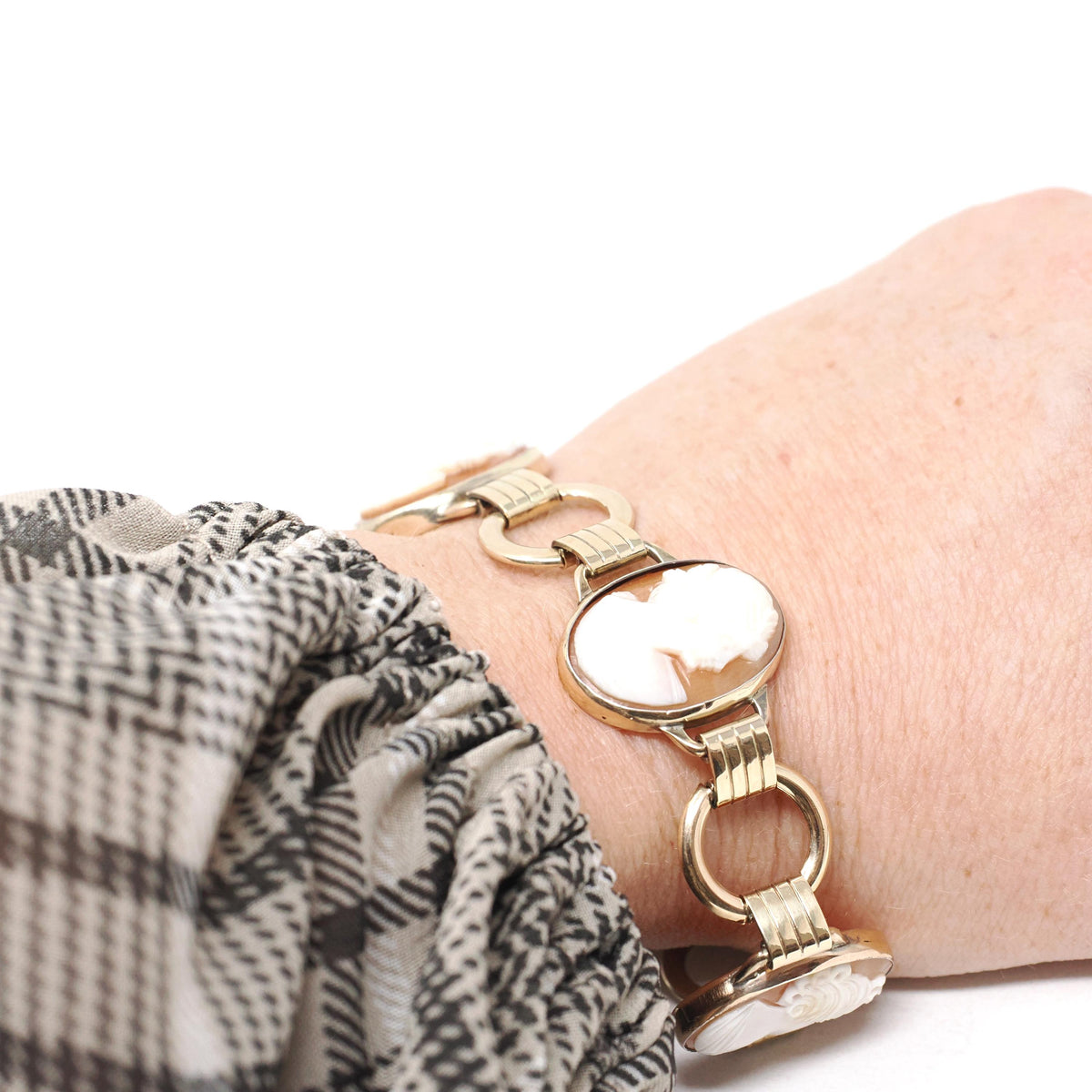 Vintage Cameo Bracelet - Mid Century 10k Gold Filled Oval Carved Shell Woman's Profile - Circa 1950s Latch Clasp Fashion Accessory Jewelry