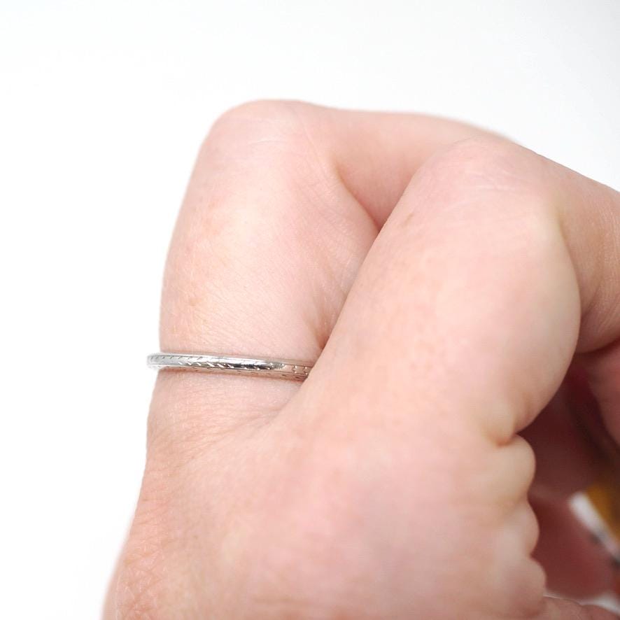 Antique Wedding Band - Art Deco Era 18k White Gold Wheat Engraved Design Eternity Ring - Circa 1930s Era Size 6 Bridal Fine 30s Jewelry