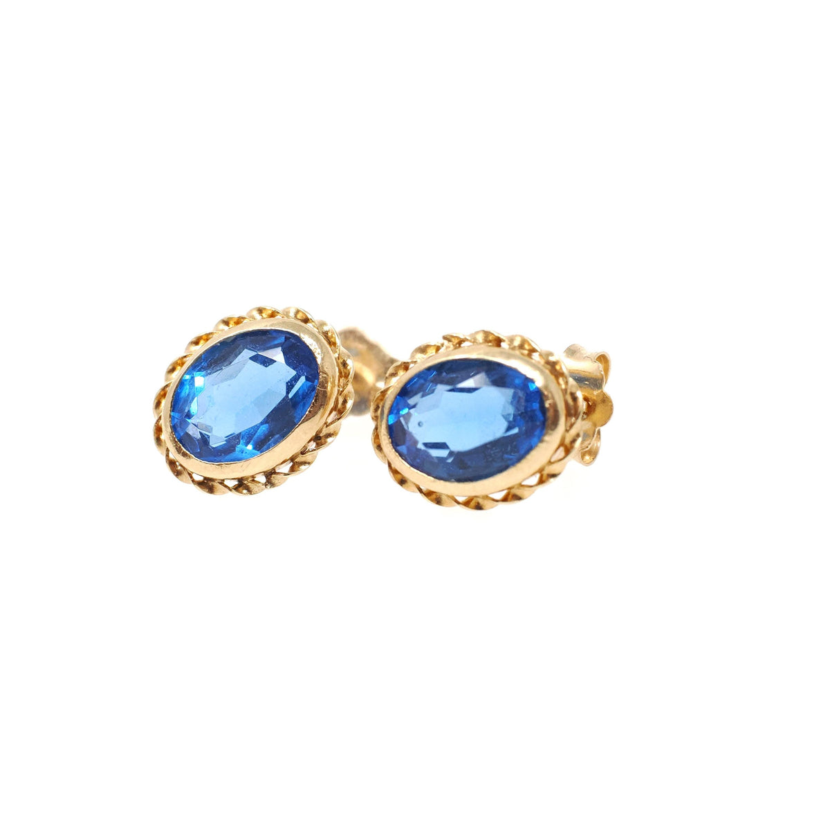 Simulated Sapphire Earrings - Retro 14k Yellow Gold Oval Faceted Blue Glass Pierced Post Studs - Vintage 1960s Era Push Back Fine Jewelry