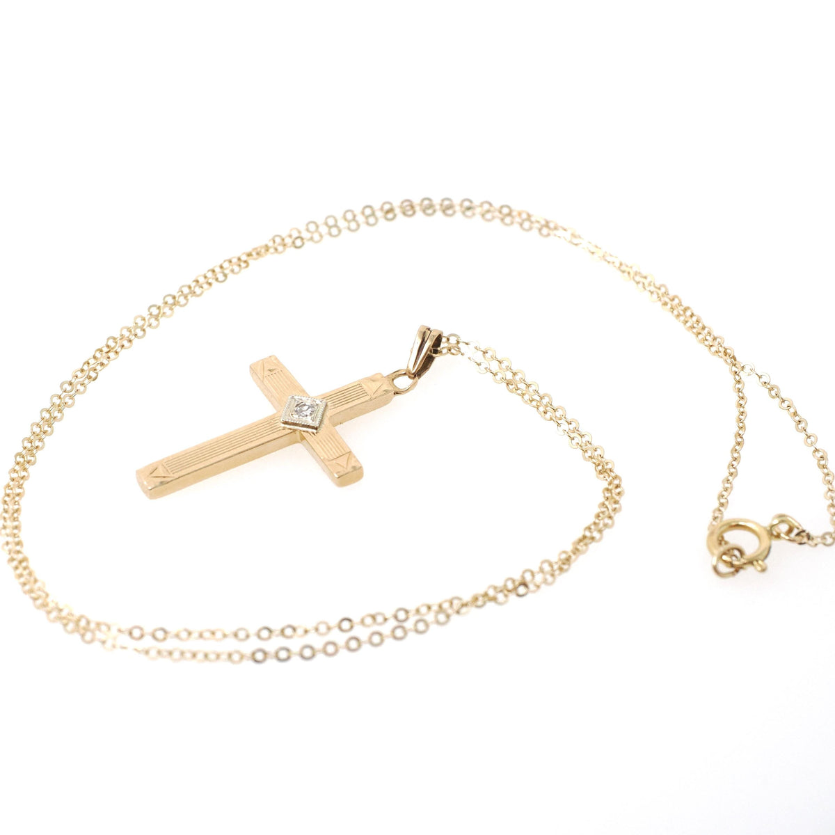 Vintage Cross Necklace - Retro 14k Yellow & White Gold Natural .02 CT Diamond Pendant - Circa 1940s Era Religious Faith Fine 40s Jewelry