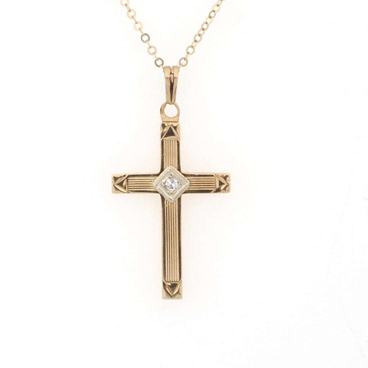 Vintage Cross Necklace - Retro 14k Yellow & White Gold Natural .02 CT Diamond Pendant - Circa 1940s Era Religious Faith Fine 40s Jewelry