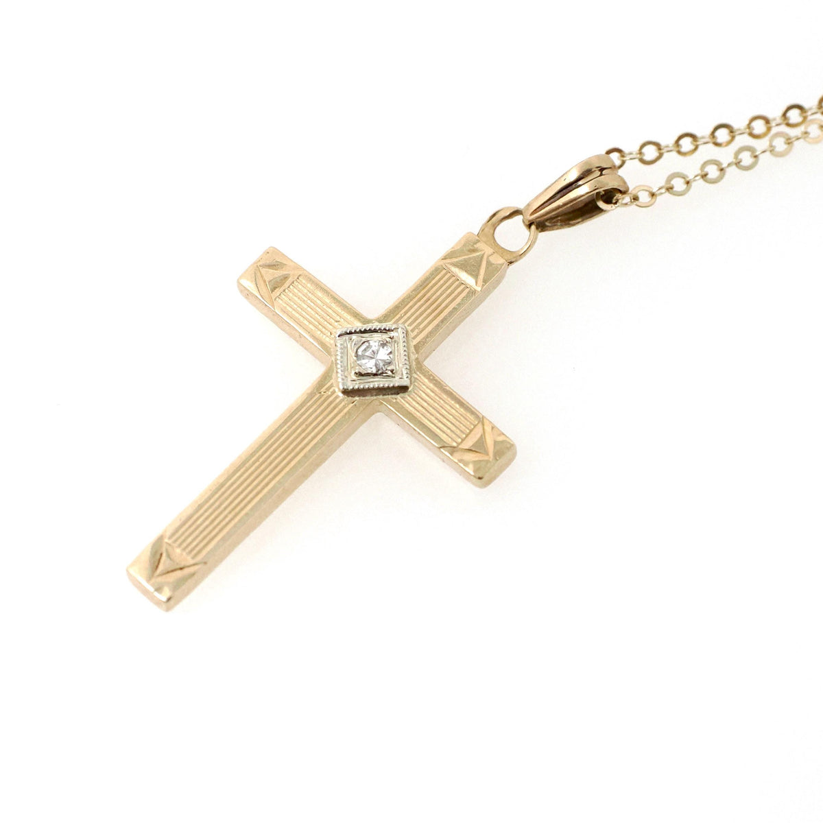 Vintage Cross Necklace - Retro 14k Yellow & White Gold Natural .02 CT Diamond Pendant - Circa 1940s Era Religious Faith Fine 40s Jewelry