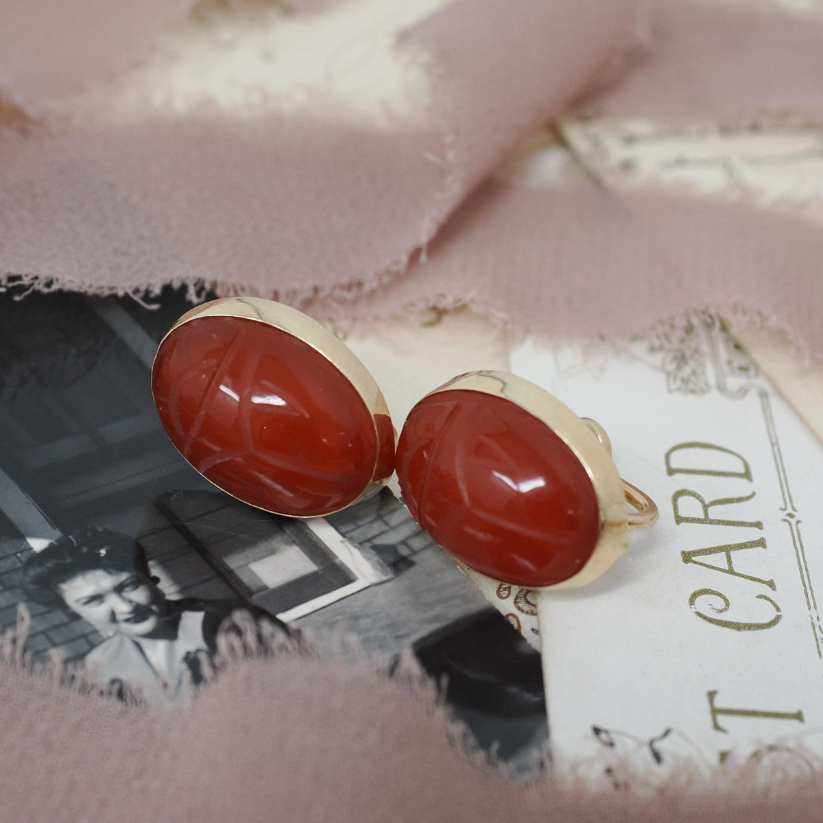 Vintage Scarab Earrings - Mid Century 14k Yellow Gold Carved Natural Carnelian Gems - Circa 1960s Era Egyptian Revival Style Beetle Jewelry