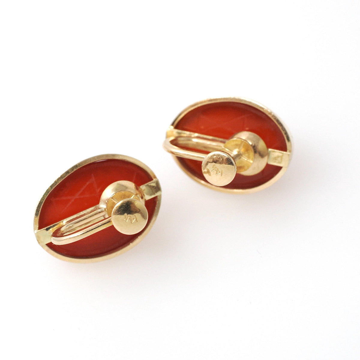 Vintage Scarab Earrings - Mid Century 14k Yellow Gold Carved Natural Carnelian Gems - Circa 1960s Era Egyptian Revival Style Beetle Jewelry