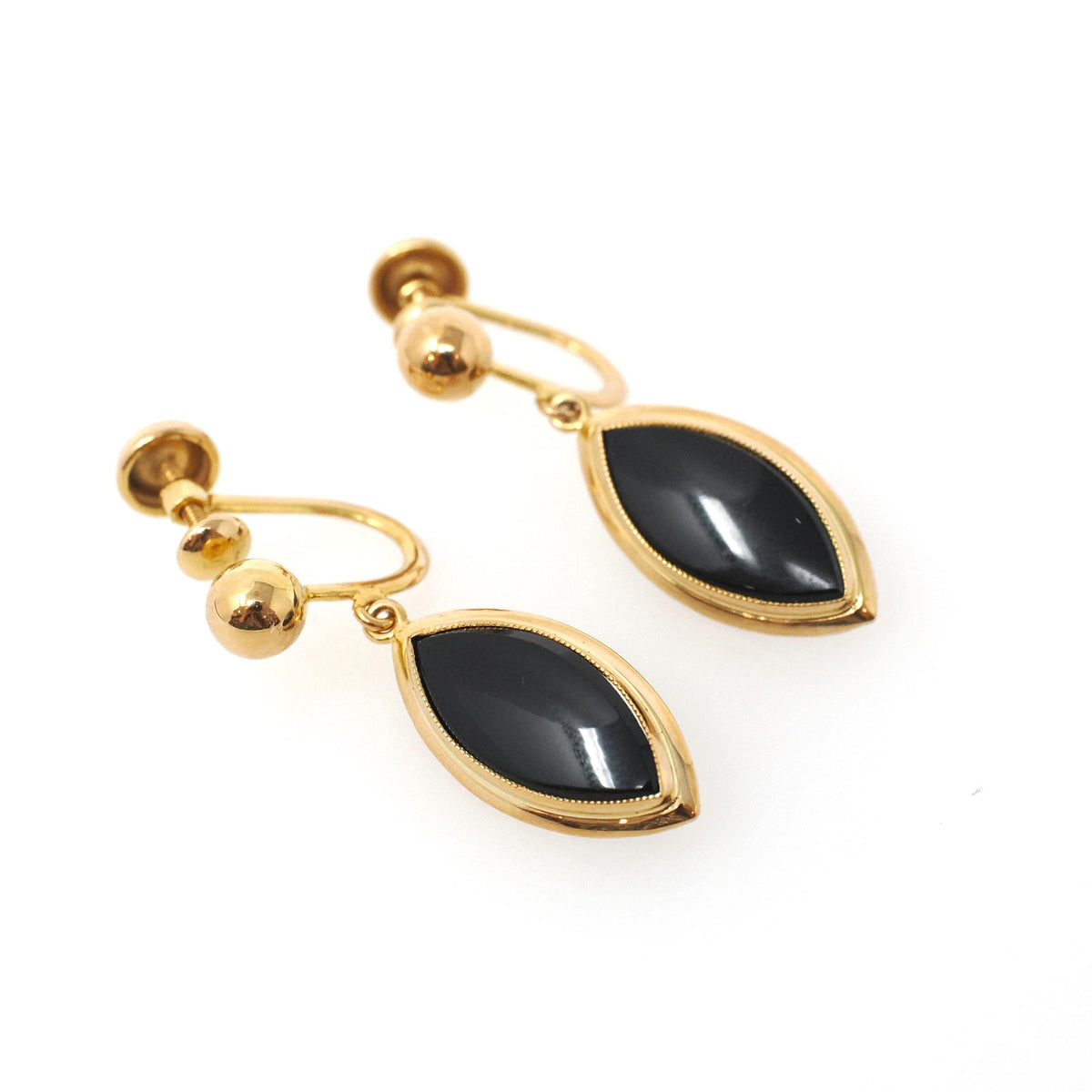 Vintage Onyx Earrings - Mid Century 10k Yellow Gold Black Chalcedony Gems Screw Backs - Circa 1960s Era Fashion Accessory BDA Fine Jewelry