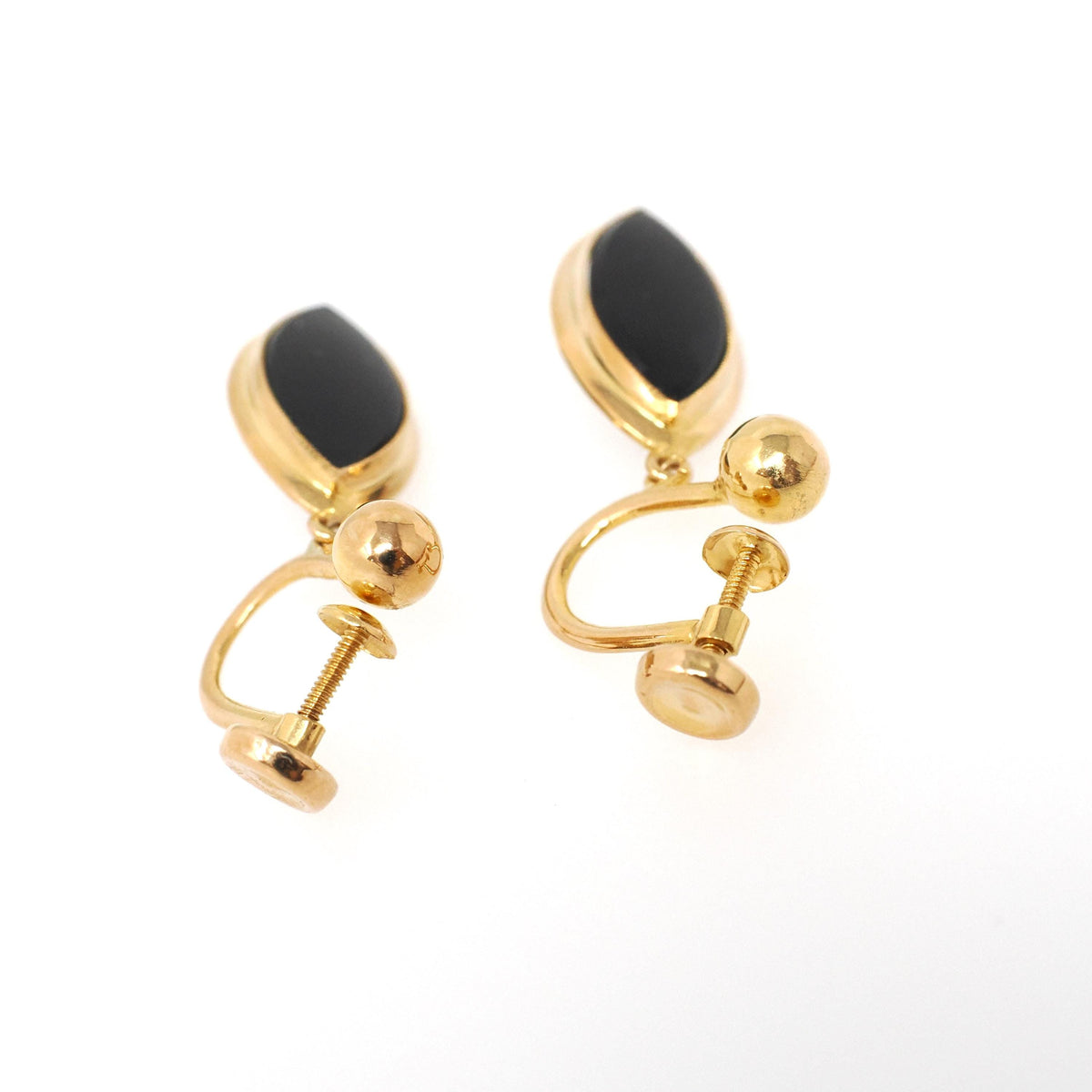Vintage Onyx Earrings - Mid Century 10k Yellow Gold Black Chalcedony Gems Screw Backs - Circa 1960s Era Fashion Accessory BDA Fine Jewelry