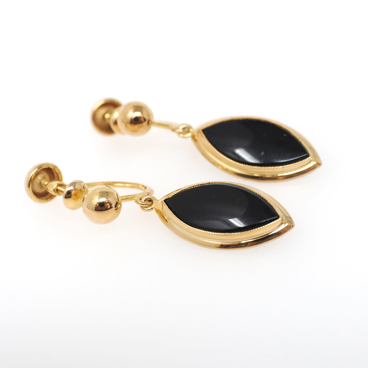 Vintage Onyx Earrings - Mid Century 10k Yellow Gold Black Chalcedony Gems Screw Backs - Circa 1960s Era Fashion Accessory BDA Fine Jewelry