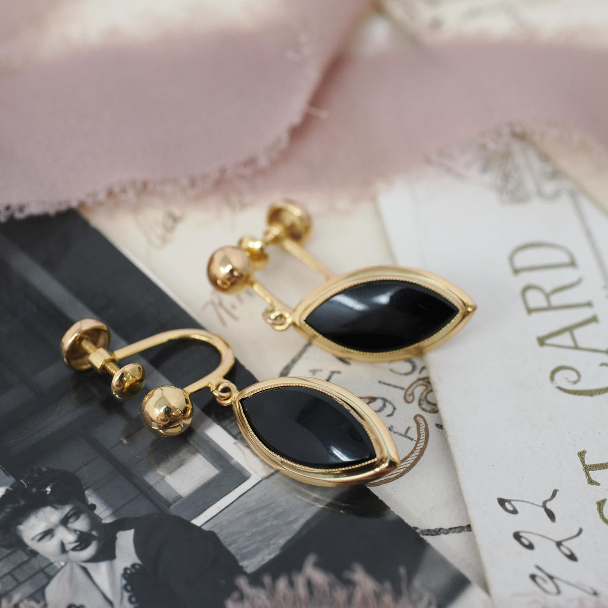 Vintage Onyx Earrings - Mid Century 10k Yellow Gold Black Chalcedony Gems Screw Backs - Circa 1960s Era Fashion Accessory BDA Fine Jewelry