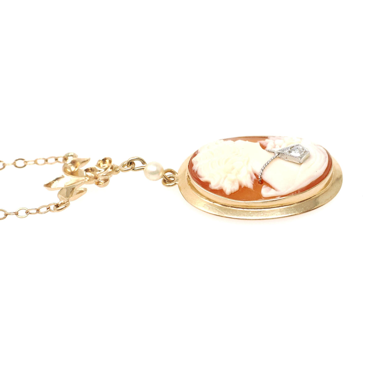 Vintage Cameo Necklace - Retro 10k Yellow Gold Oval Carved Shell Diamond Habillé Fleur De Lis - Circa 1940s Era Statement Fine 40s Jewelry