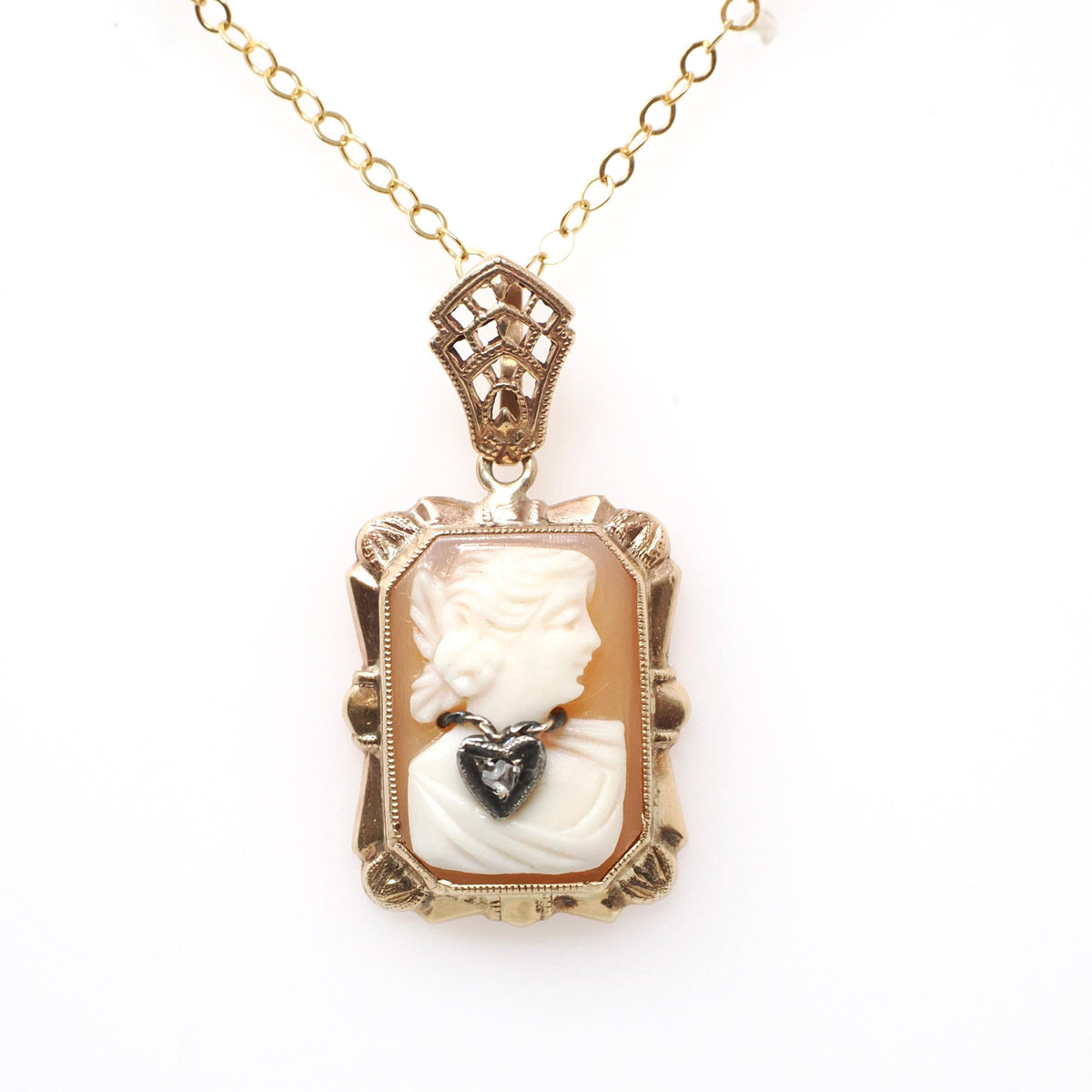 Vintage Cameo Necklace - Retro 10k Yellow Gold Oval Carved Shell Heart Diamond Pendant Charm - Circa 1940s Era Filigree Fine 40s Jewelry