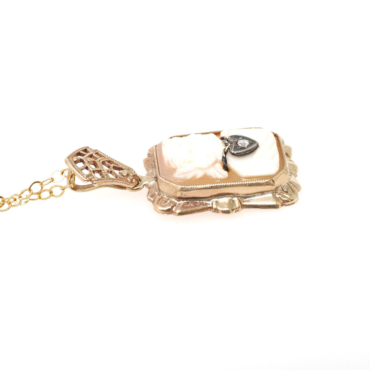 Vintage Cameo Necklace - Retro 10k Yellow Gold Oval Carved Shell Heart Diamond Pendant Charm - Circa 1940s Era Filigree Fine 40s Jewelry