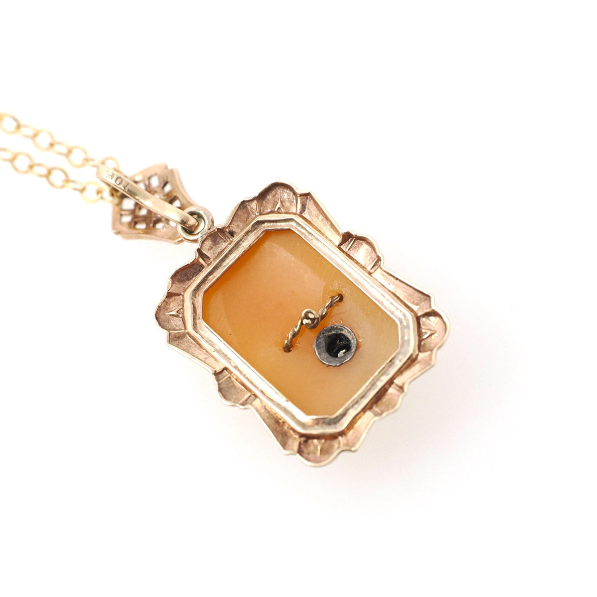 Vintage Cameo Necklace - Retro 10k Yellow Gold Oval Carved Shell Heart Diamond Pendant Charm - Circa 1940s Era Filigree Fine 40s Jewelry