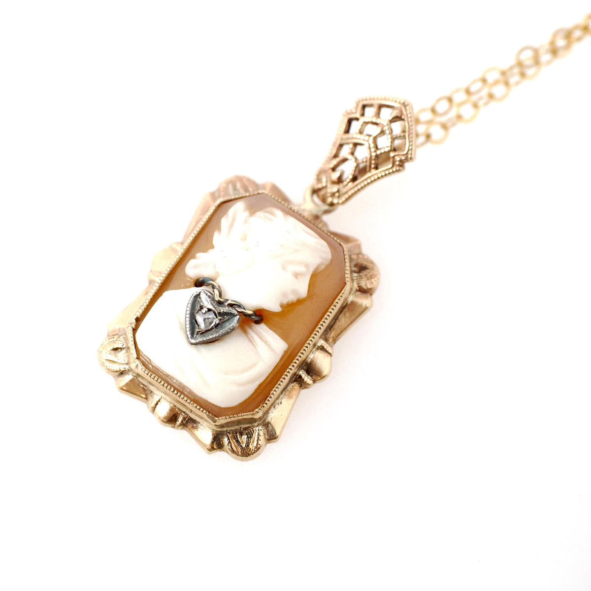 Vintage Cameo Necklace - Retro 10k Yellow Gold Oval Carved Shell Heart Diamond Pendant Charm - Circa 1940s Era Filigree Fine 40s Jewelry