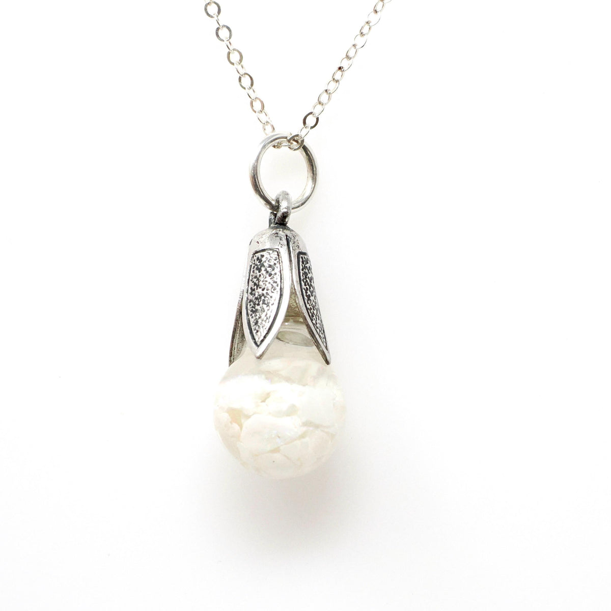 Floating Opal Necklace - Mid Century Sterling Silver Tulip Cap Gemstones Chips Charm - Vintage 1950s Era Liquid Teardrop Pendant Jewelry