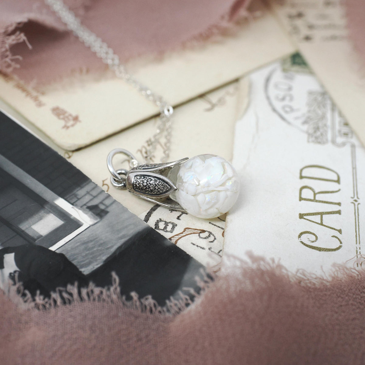 Floating Opal Necklace - Mid Century Sterling Silver Tulip Cap Gemstones Chips Charm - Vintage 1950s Era Liquid Teardrop Pendant Jewelry
