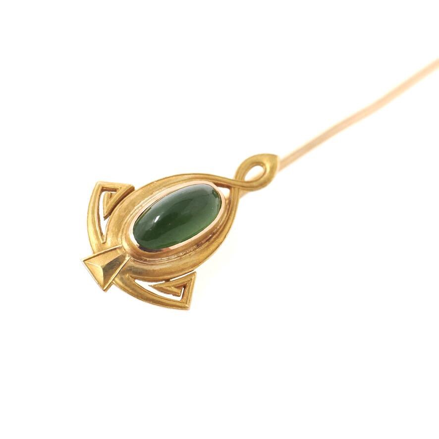 Antique Stick Pin - Art Nouveau 14k Yellow Gold Natural Green Nephrite Jade - Edwardian Circa 1910s Fashion Accessory Alling & Co Jewelry