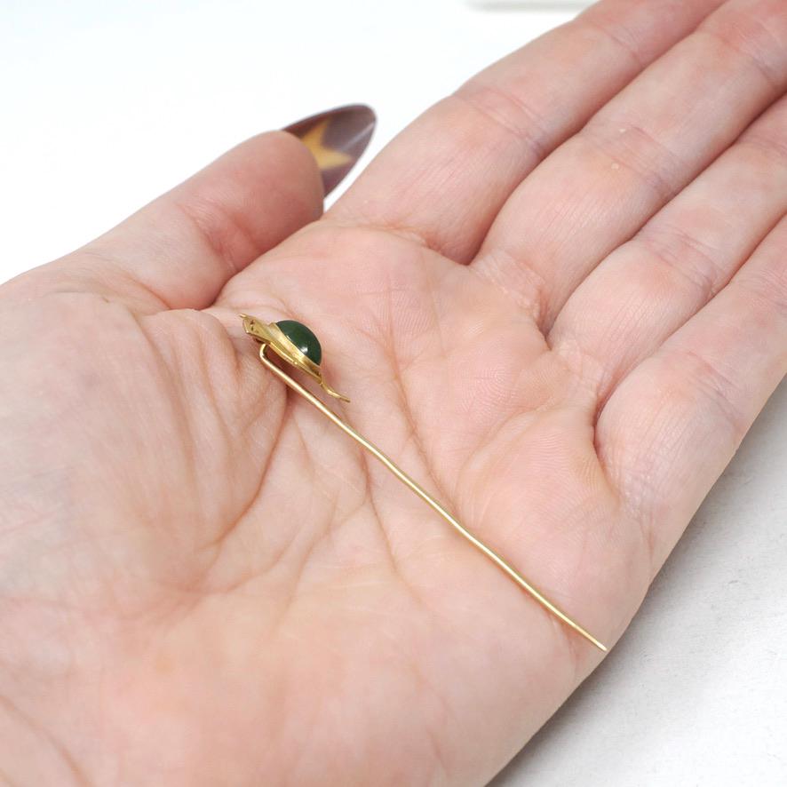 Antique Stick Pin - Art Nouveau 14k Yellow Gold Natural Green Nephrite Jade - Edwardian Circa 1910s Fashion Accessory Alling & Co Jewelry