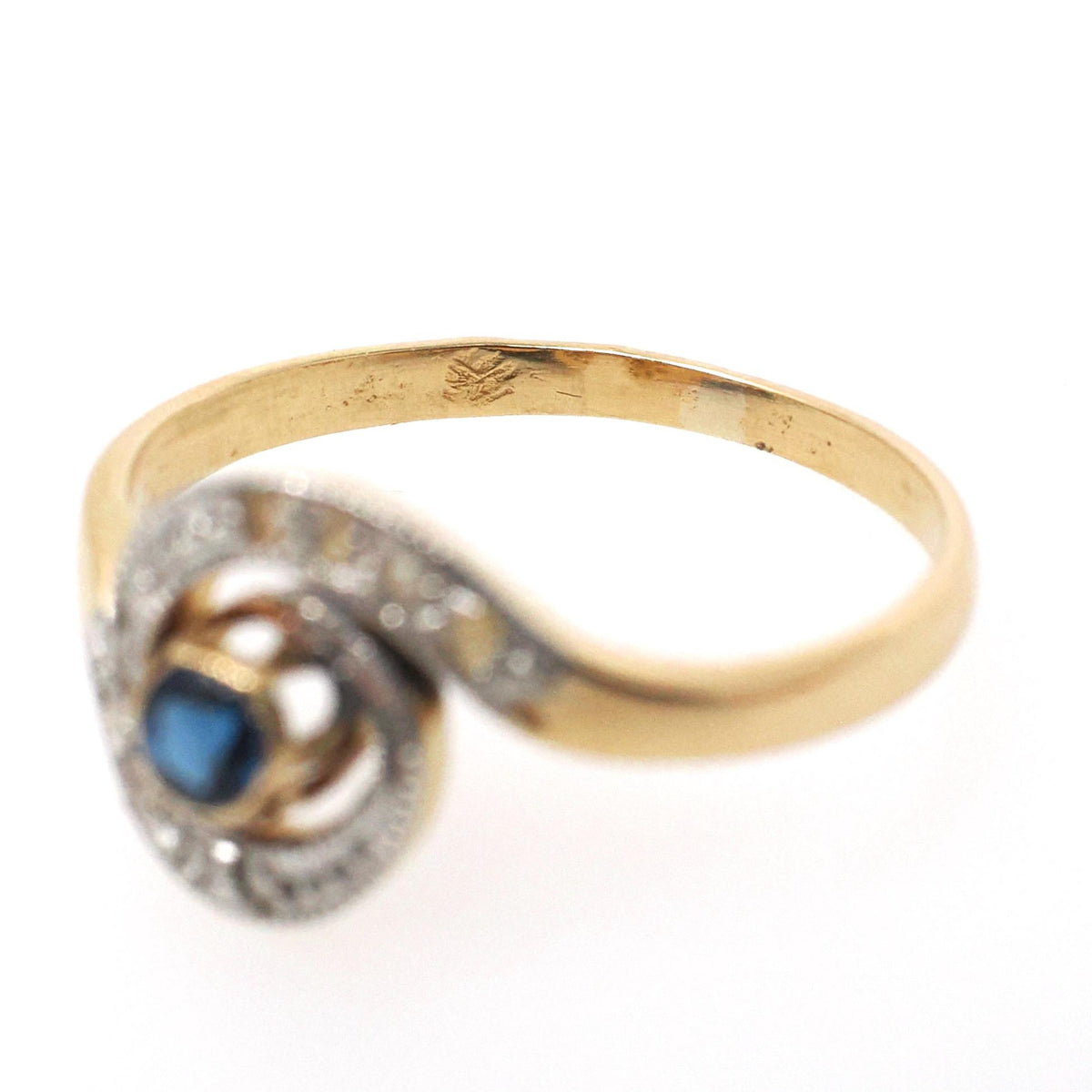 Antique Swirl Ring - Edwardian 18k Yellow Gold & Platinum Blue Glass Diamond Chips - Circa 1900s Size 7 French Handmade Halo Fine Jewelry