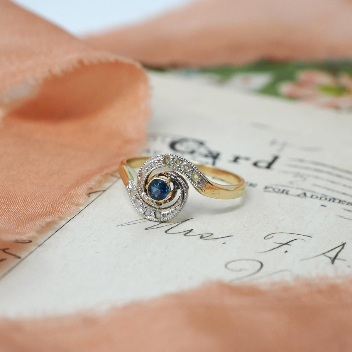 Antique Swirl Ring - Edwardian 18k Yellow Gold & Platinum Blue Glass Diamond Chips - Circa 1900s Size 7 French Handmade Halo Fine Jewelry